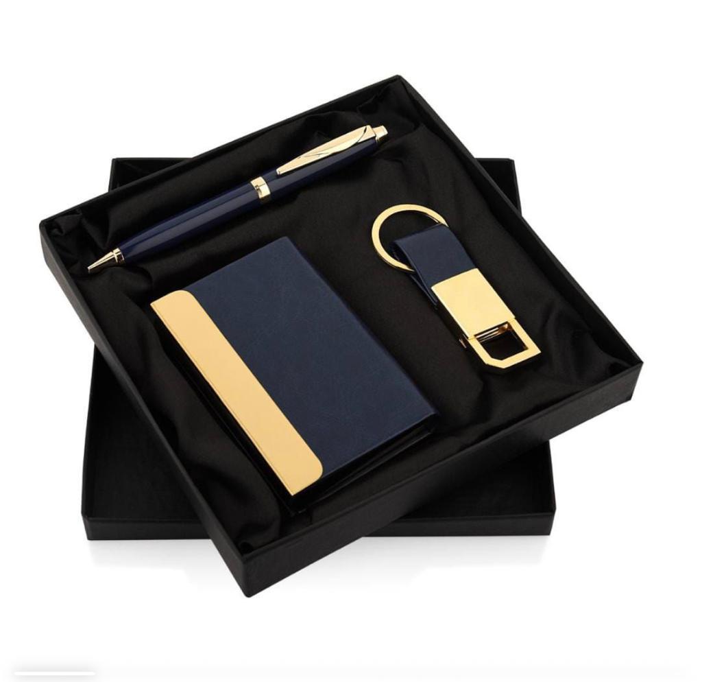 3 in 1 Set Of Card Holder Metal Pen and Key Chain of Blue Colour