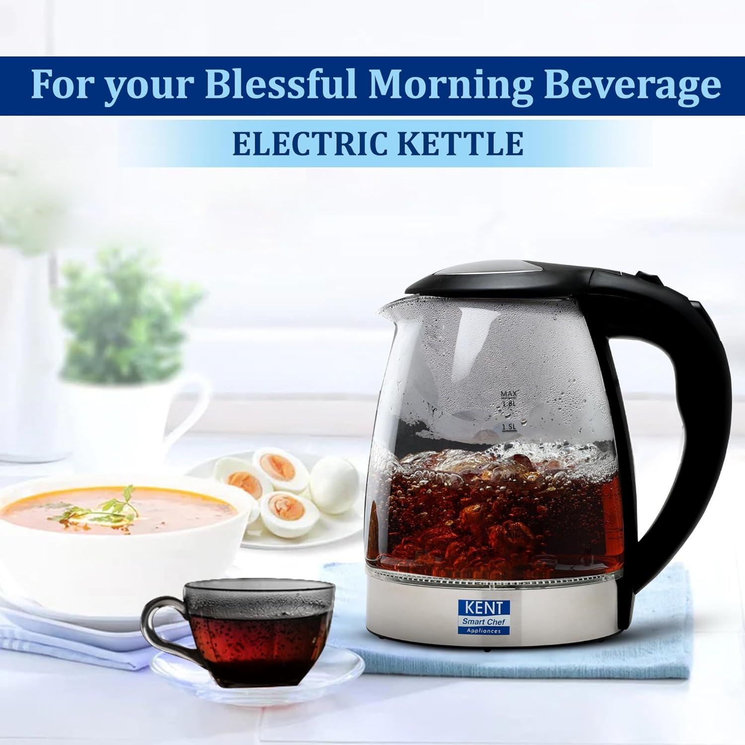 KENT Elegant Electric Glass Kettle (16052), 1.8L, Stainless Steel Heating Plate, Borosilicate Glass Body