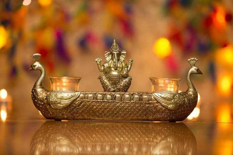 Candle holder  Gold Plated Peacock Grace Ganesh ji