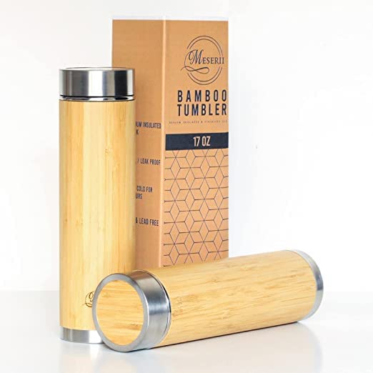 Eco-Friendly Bamboo Wooden Water Bottle Thermos Flask - Stainless Steel Tea Infuser, Vacuum Insulated Cup - 450ML Capacity