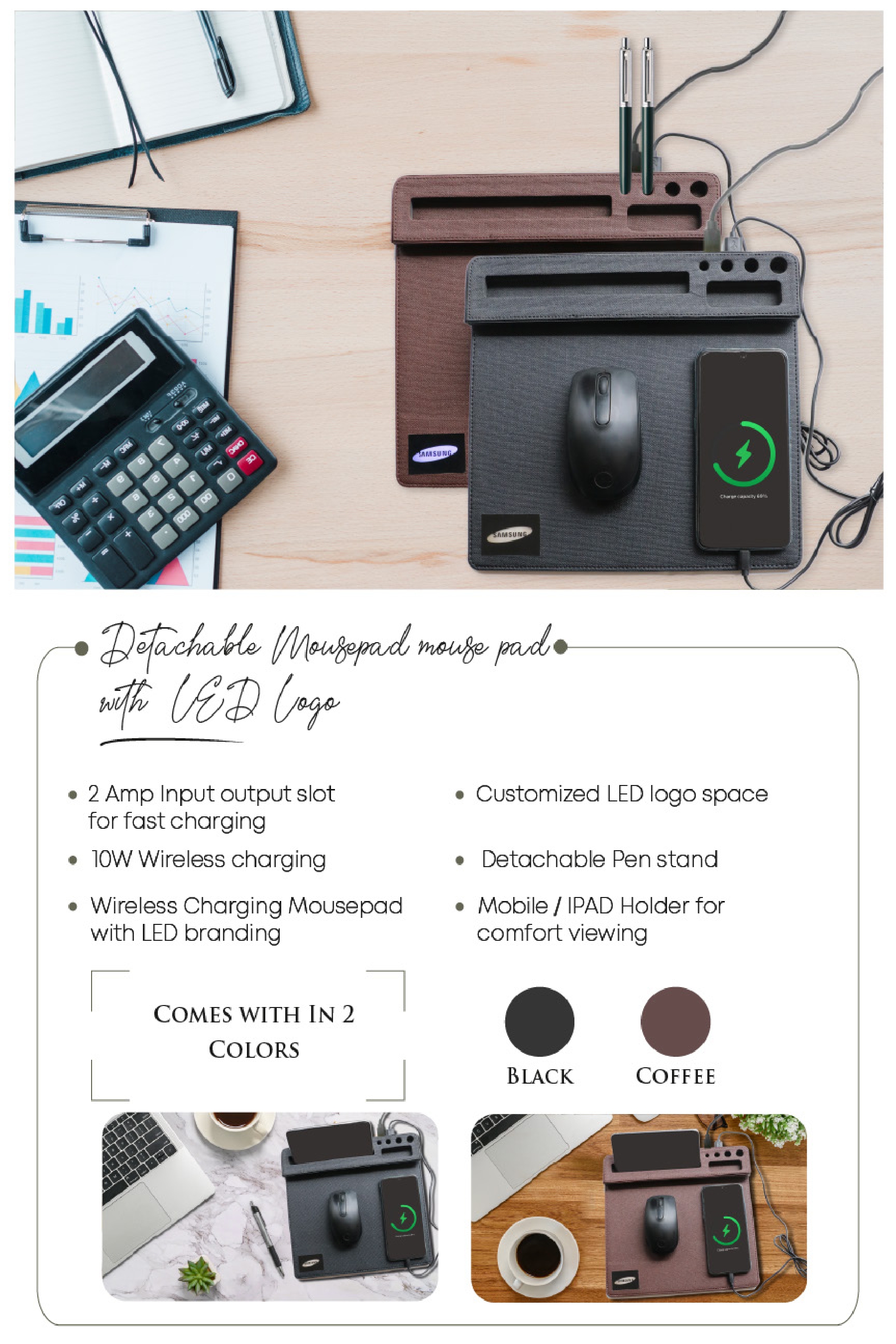 Wireless Charging Logo mousepad with LED branding colour black & coffee