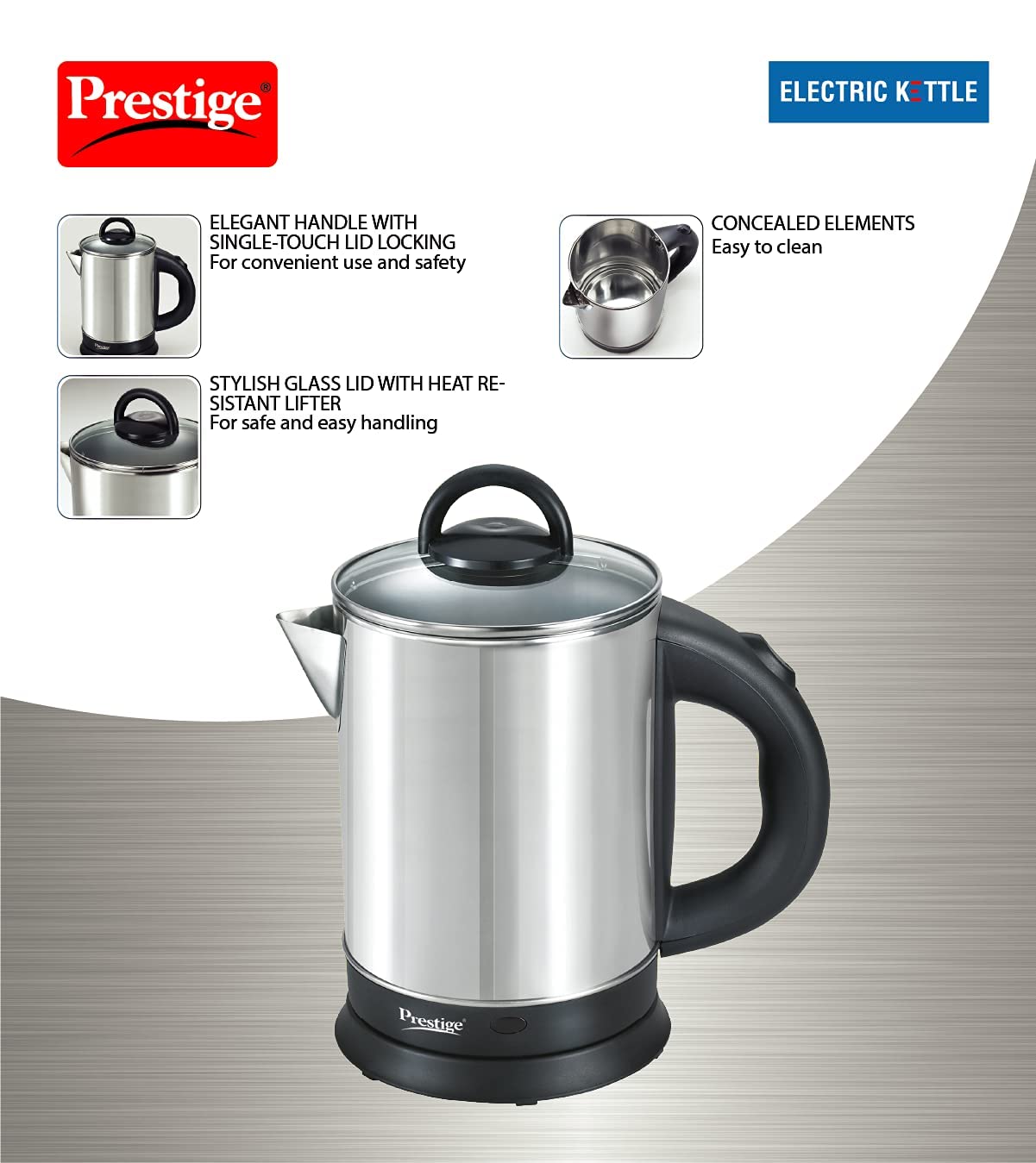 Prestige 1.7 Litres Electric Kettle(PKGSS 1.7)|1500W |Silver and Black | 1.7 Litres | Stainless Steel| Automatic Cut-off | Wide Mouth