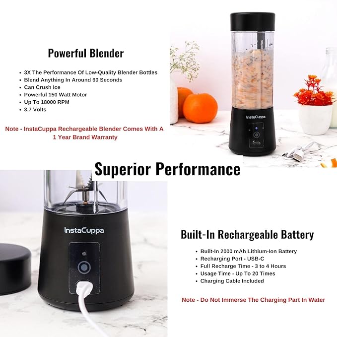 InstaCuppa Portable Blender for Smoothie, Milk Shakes, Crushing Ice & Juices, USB Rechargeable with 2000 mAh Battery, 150 Watts Motor, 400 ML,