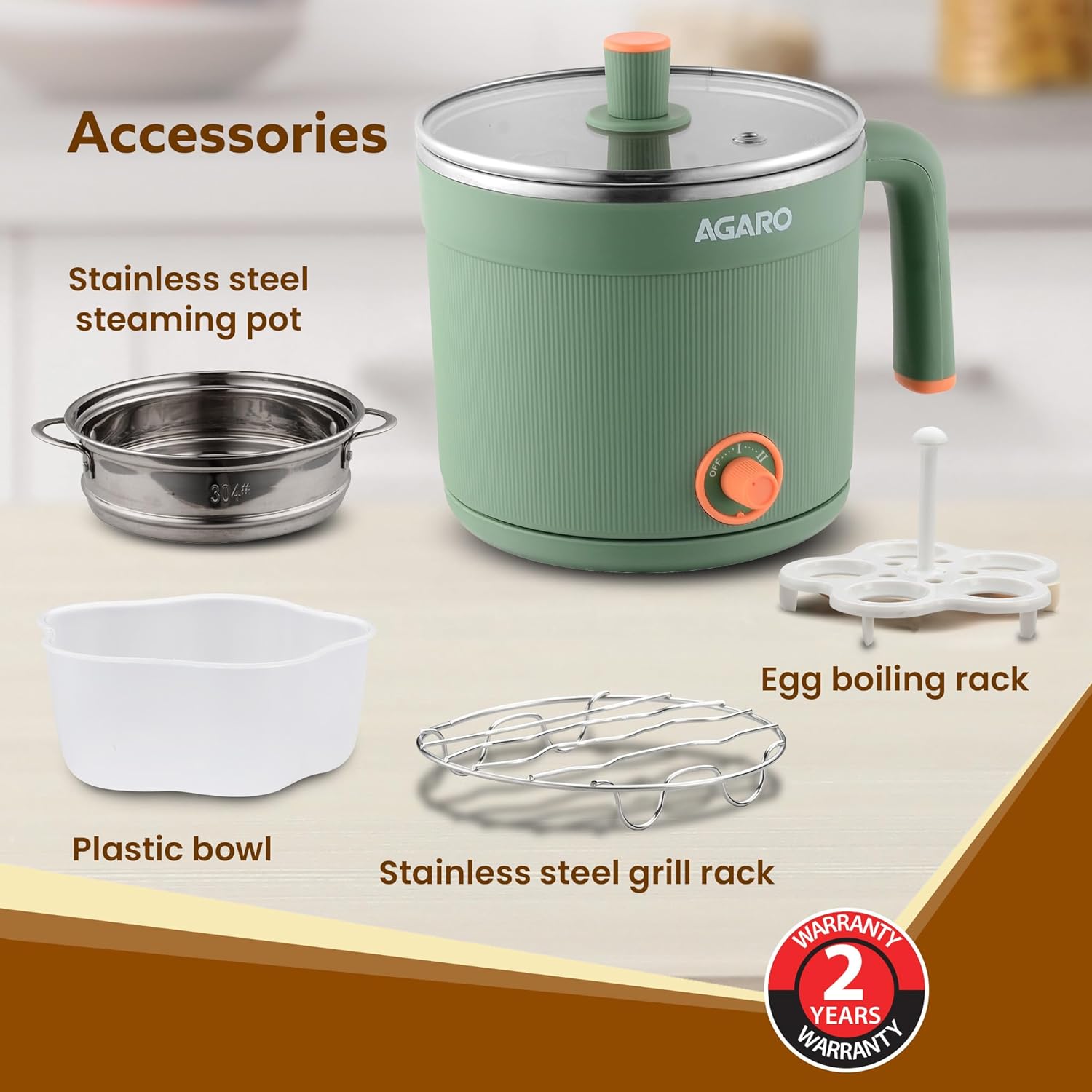 AGARO Regency Multi Cook Kettle With Steamer, 1.2L Inner Pot, Double Layered Body