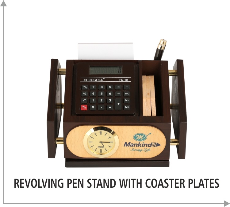 Revolving Pen stand with Coaster plates wood table top
