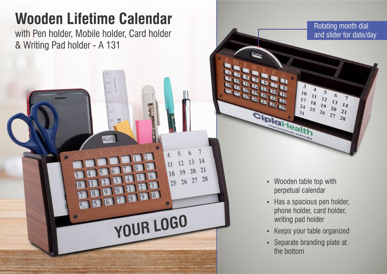 Table top perpetual calender with pen holder phone holder card holder writing pen holder