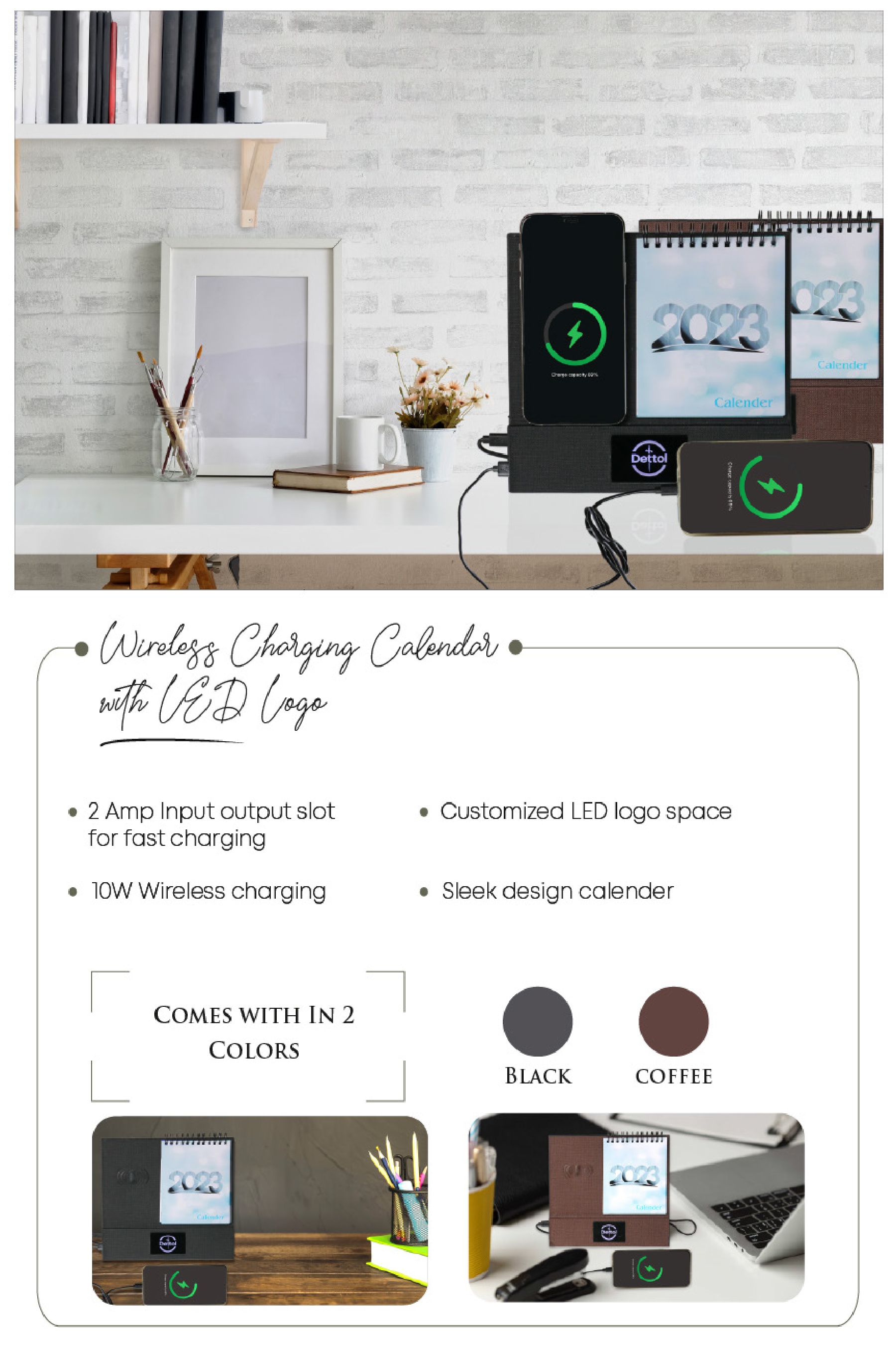 Wireless Charging Calender with LED logo colour black & coffee