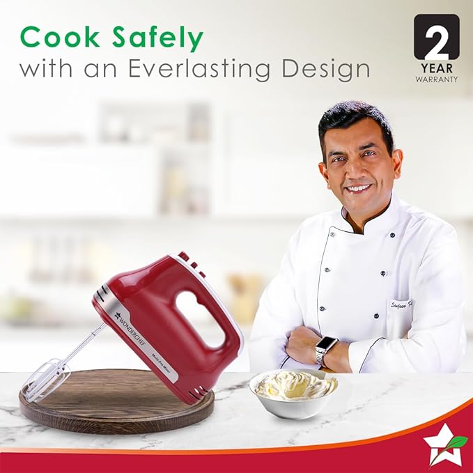 Wonderchef Crimson Edge 5 Speed Electric Hand Mixer|300W Powerful Copper Motor|TurboSpeed|Adjustable Slow Speed Start|Hand Blender