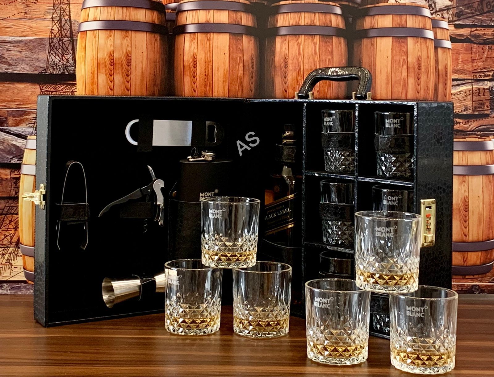 Black Bar Set with 6 Whiskey Glasses Ideal for Picnic Travel Car-o-Bar