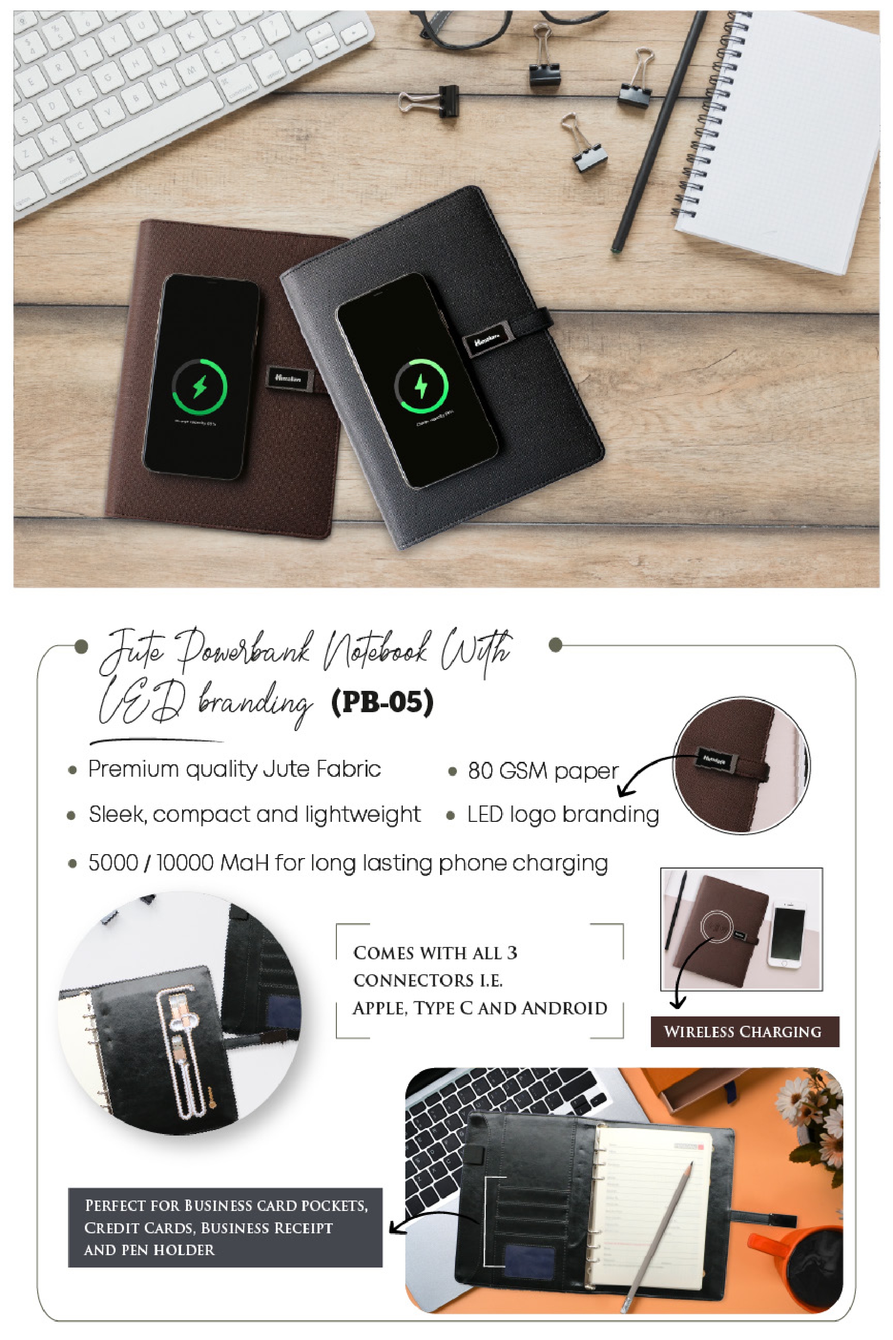 Premium powerbank diary LED logo branding with wireless charging