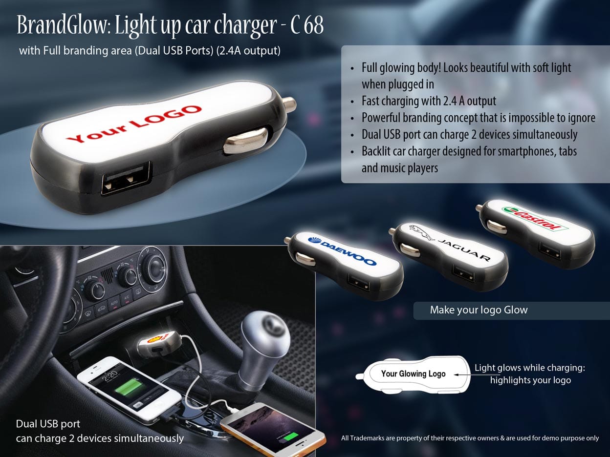 Full Glowing Light up car charger with Dual USB port