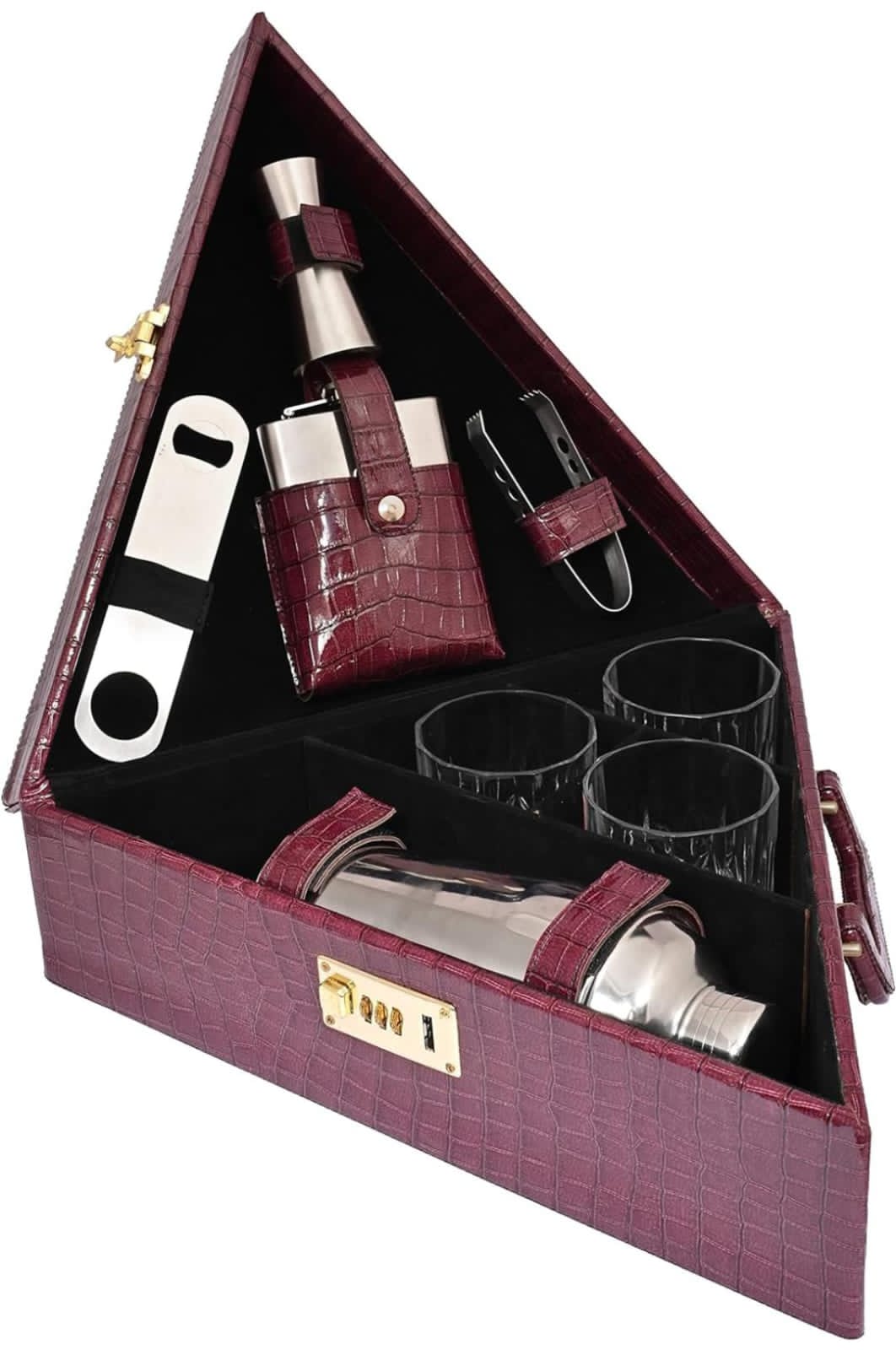 Bar Set - 3 Glasses , 1 Peg Measure, 1 Hip Flask, 1 Ice Tong, 1 Bottle Opener & 1 Cocktail shaker.