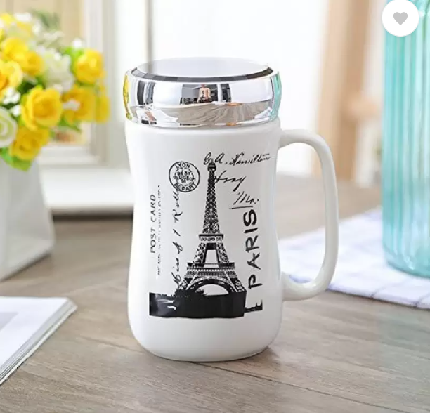 Printed Ceramic Coffee Mug with Glass Mirror Lid