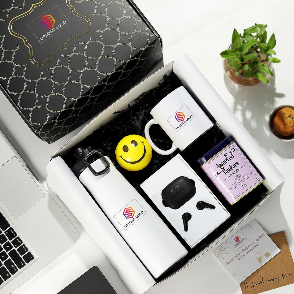 Welcome kit with Bottle, Airdopes, Smily ball, Mug & Assorted cookies