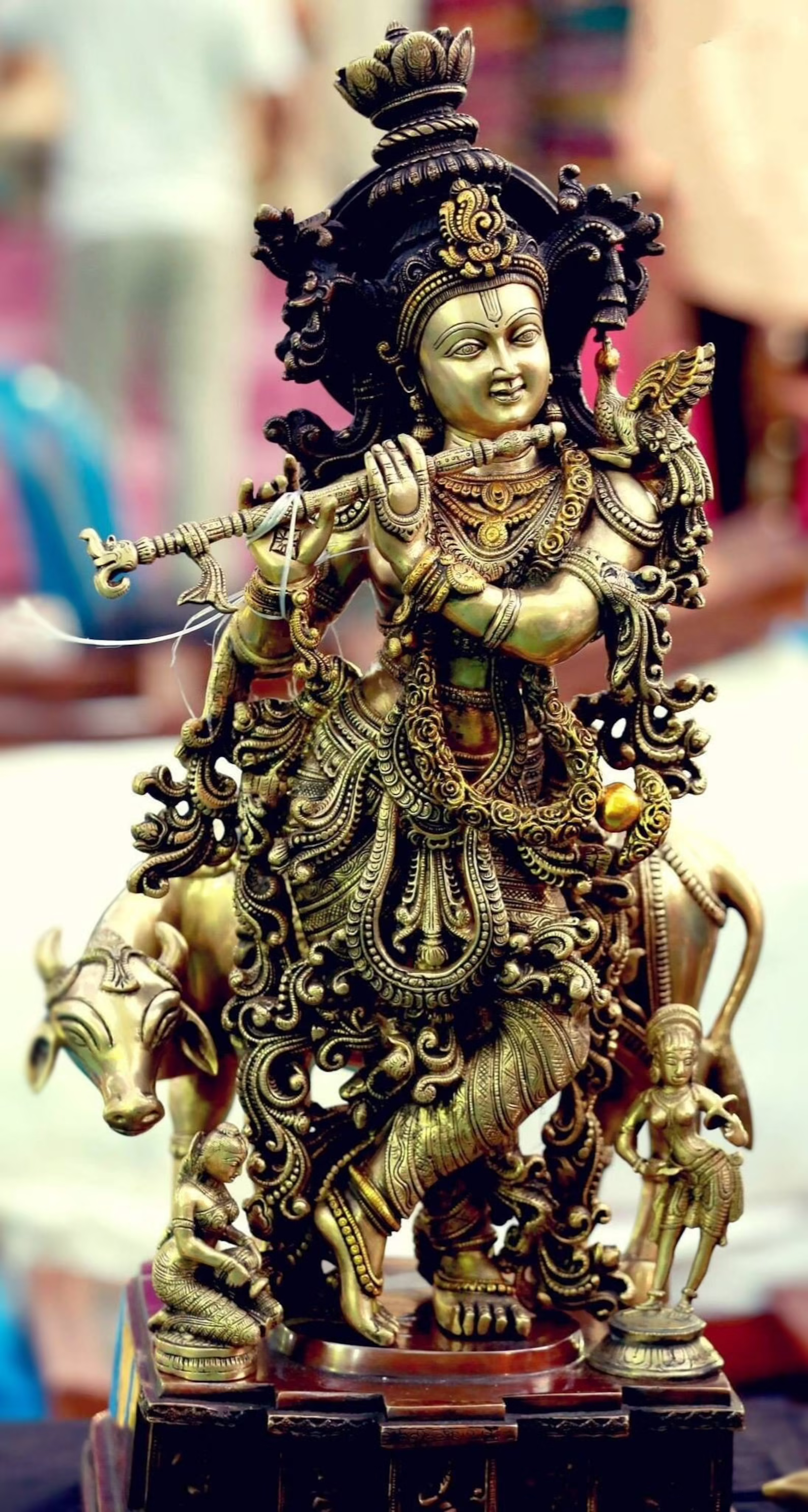 Idol Lord Krishna With Nandi Cow playing with the flute