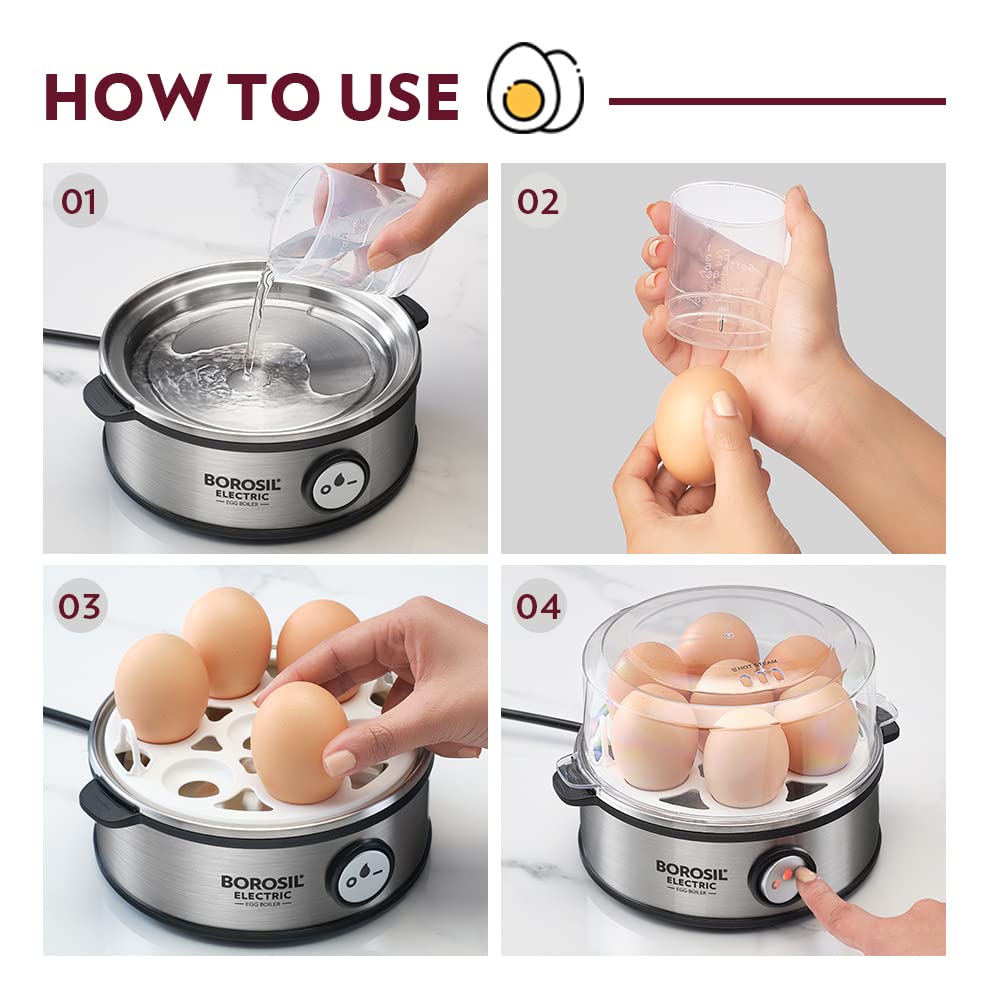 Borosil Electric Egg Boiler, 7 Egg Capacity, For Hard, Soft, Medium Boiled Eggs, Steamed Vegetables, Transparent Lid,