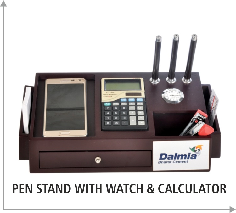 Promotion item wooden base made pen stand with watch & Calculator