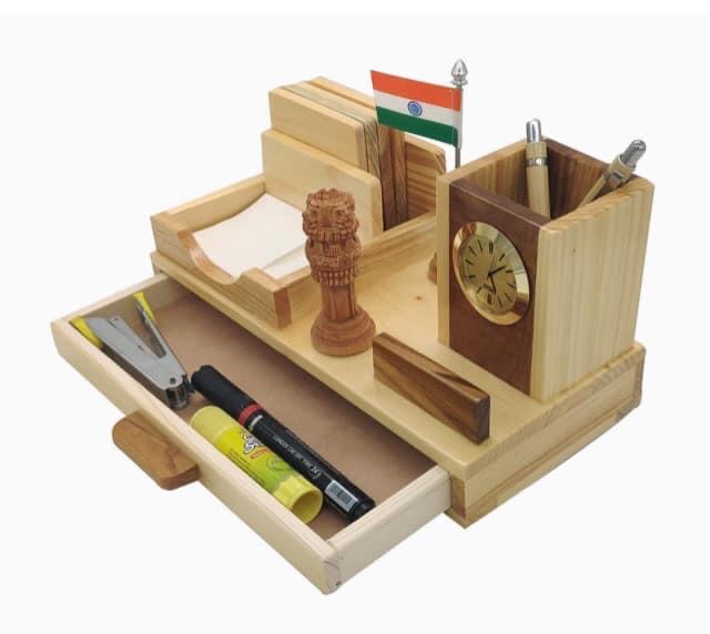 Classy Wooden Office desk pen stand with clock