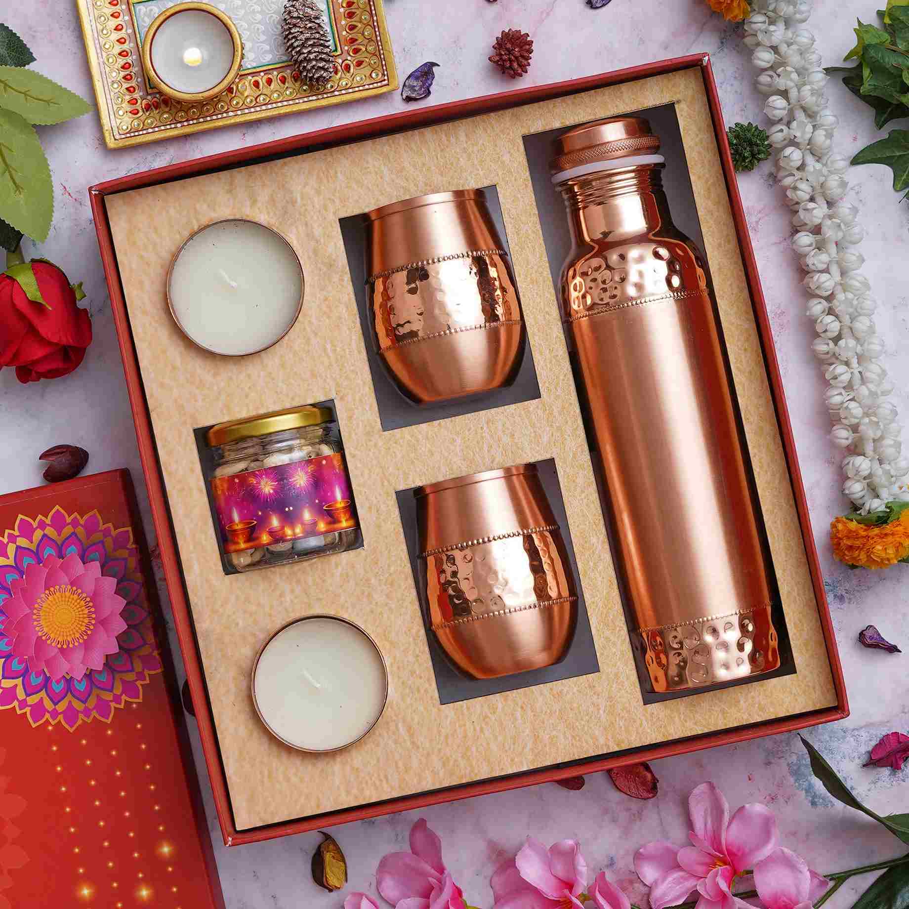 Elegant Copper Water Bottle (1000ML) With 2 Copper Glass, 2 Diyas and Dryfruit Jar