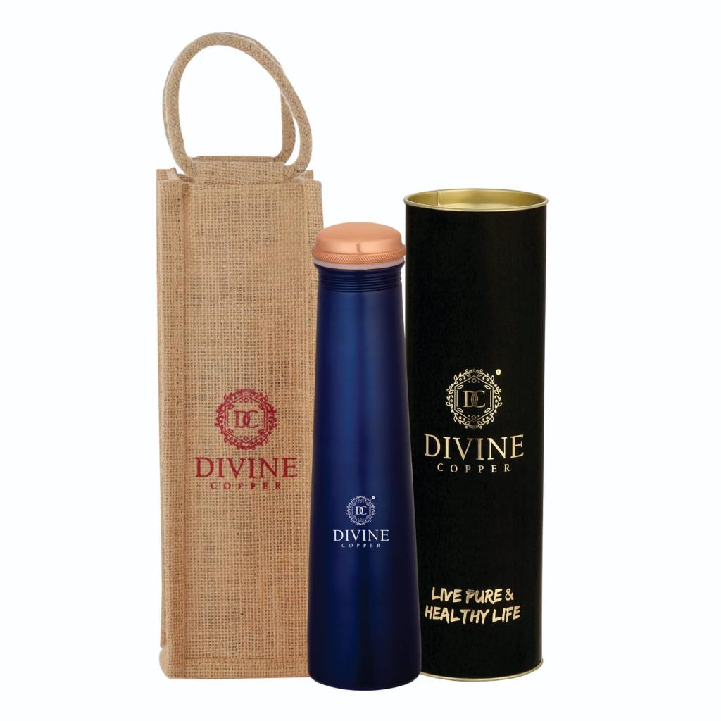 Pure Copper Bottle 750ml Blue Color With Free Jute Carry Bag