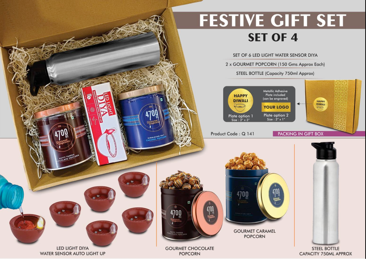 4 in 1 Festival Combo Gift Of 6 Piece LED Diya Set Steel Bottel 2 x gourmet Popcorn and Metal Plate