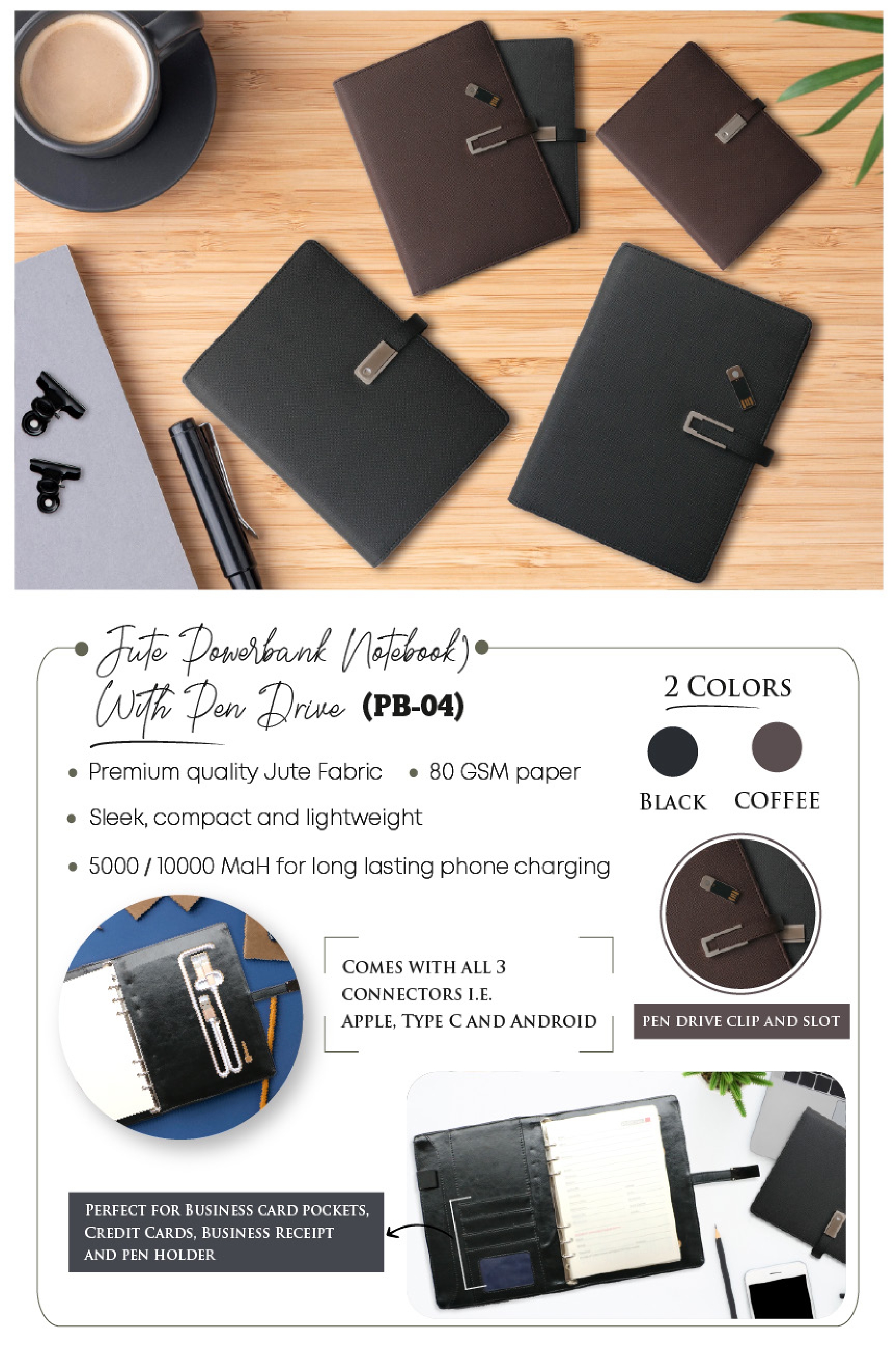 Black & Coffee Jute Powerbank Diary with pen drive