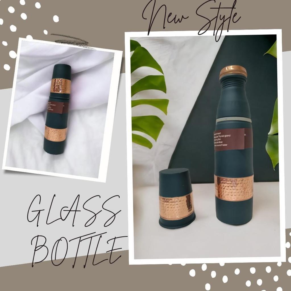 Green COPPER WATER BOTTLE 1000 ML HAMMERED with 2 Glass