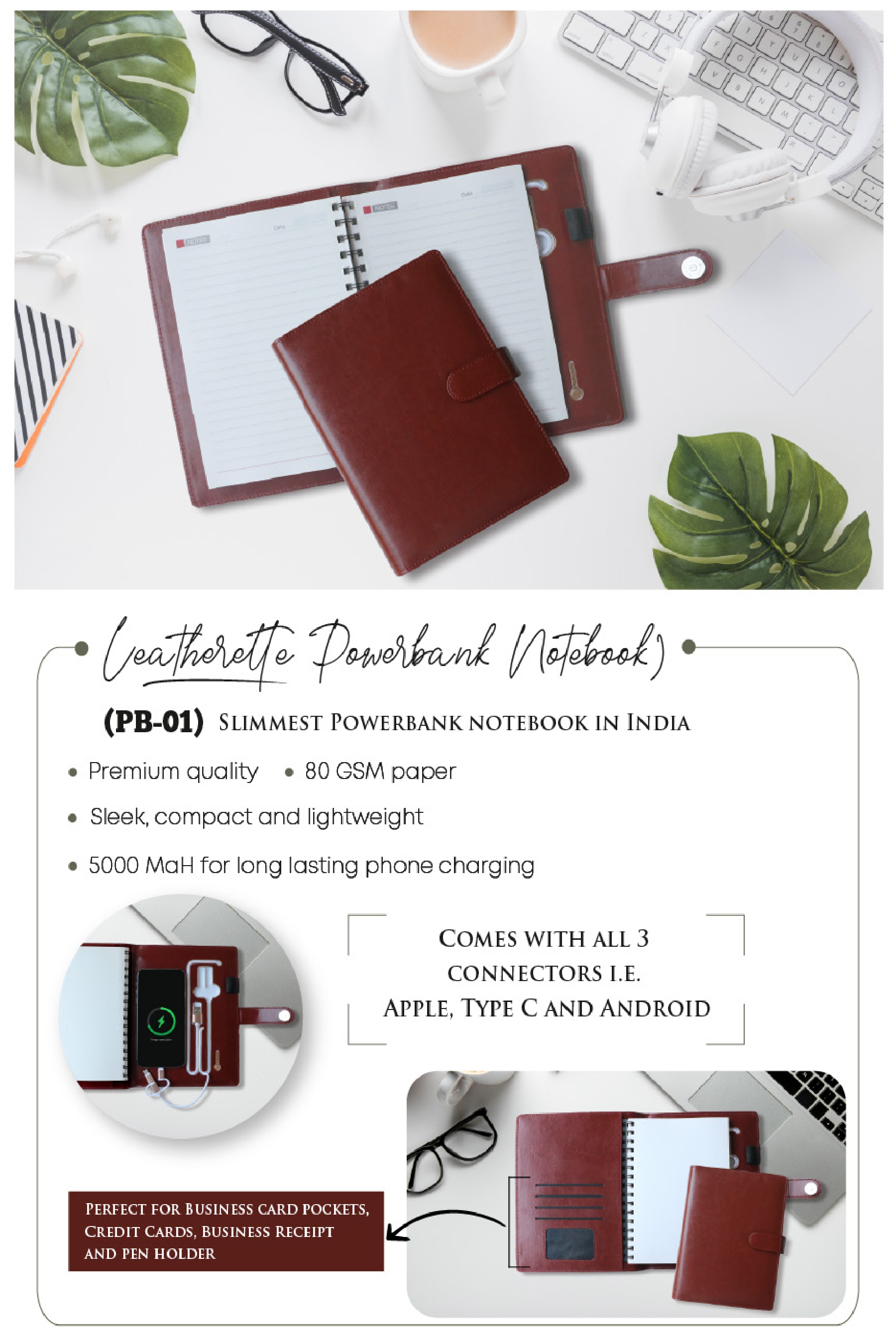 Powerbank Notebbok with Business card pocket , credit card and Pen holder