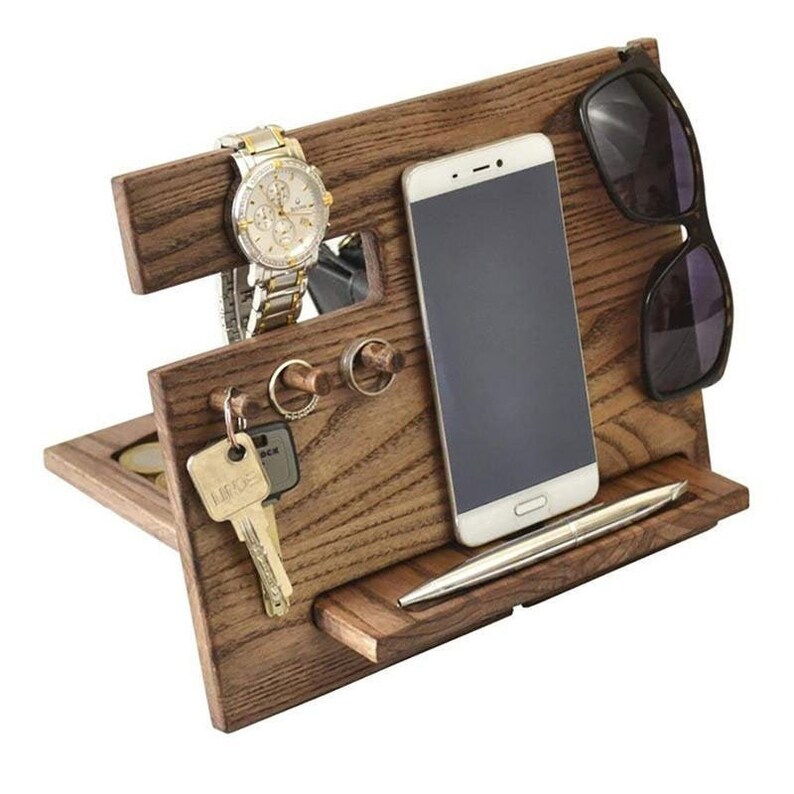 Personalized wood phone docking station with key holder wathch and wallet stand