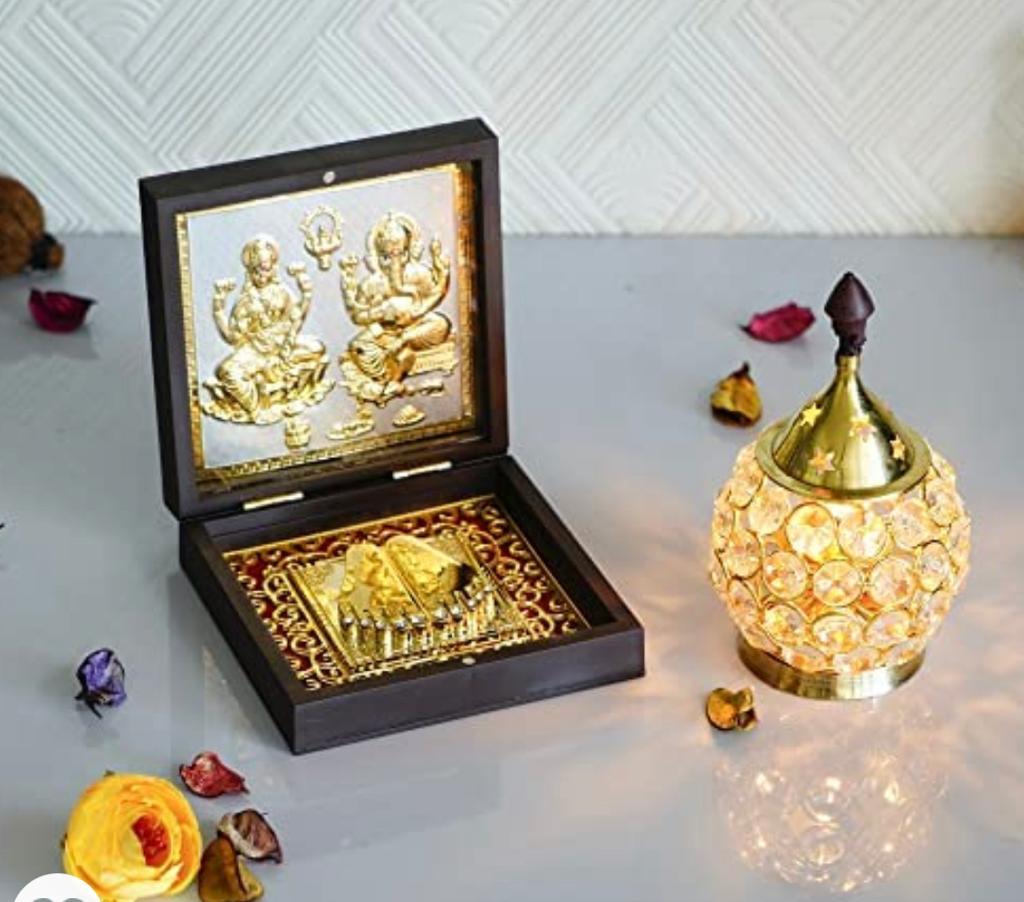 Brass Maa Laxmi Ganesh ji Gold plated  with Charan Paduka Set
