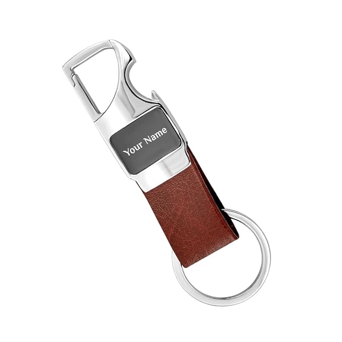 Personalized Tan Leather Metal Opener Key chain