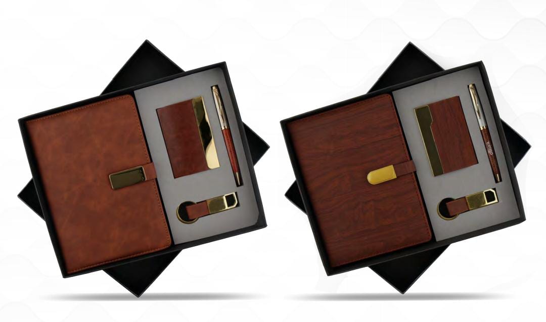 4 in 1 Combo Set of Card Holder Metal Pen Key Chain and Dairy of Brown Colour