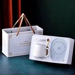Ceramic Coffee Mug, Including Coffee Mug with Electric Heating Plate and a Spoon in a Gift Pack